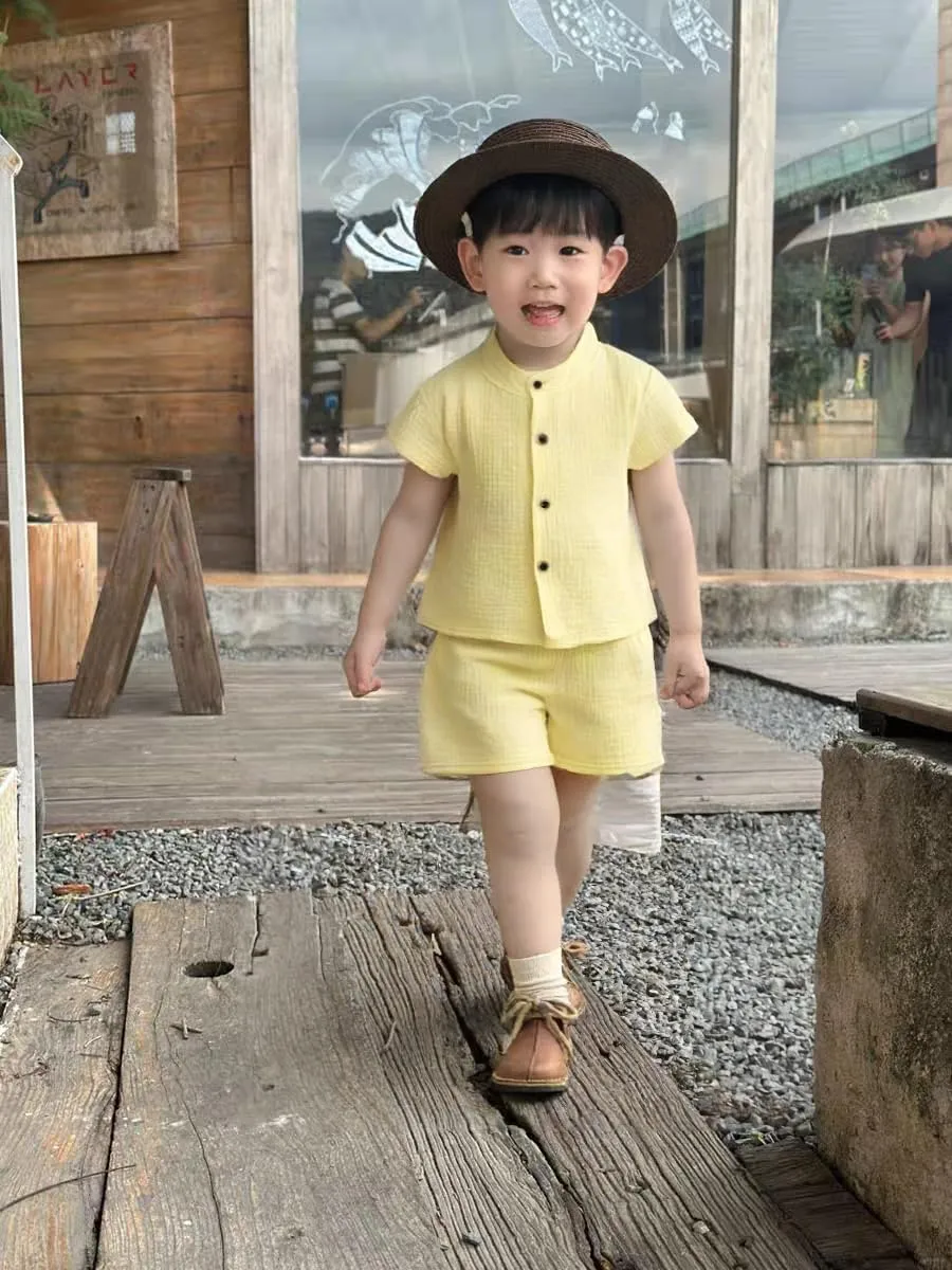 2 Pieces Summer Beach Outfits Short Sleeve Button Down Shirts and Shorts Muslin Baby Clothes Vacation Sets