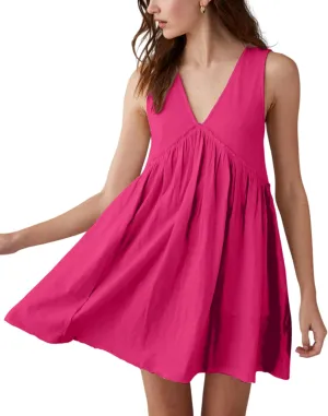 Aimiray Women's Casual Sleeveless Mini Dress Loose V Neck Backless Pleated Short Tank Sundress with Pockets
