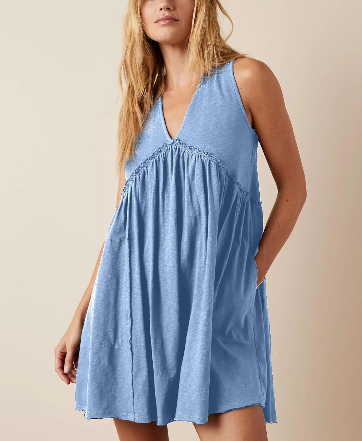 Aimiray Women's Casual Sleeveless Mini Dress Loose V Neck Backless Pleated Short Tank Sundress with Pockets