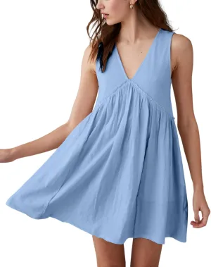 Aimiray Women's Casual Sleeveless Mini Dress Loose V Neck Backless Pleated Short Tank Sundress with Pockets