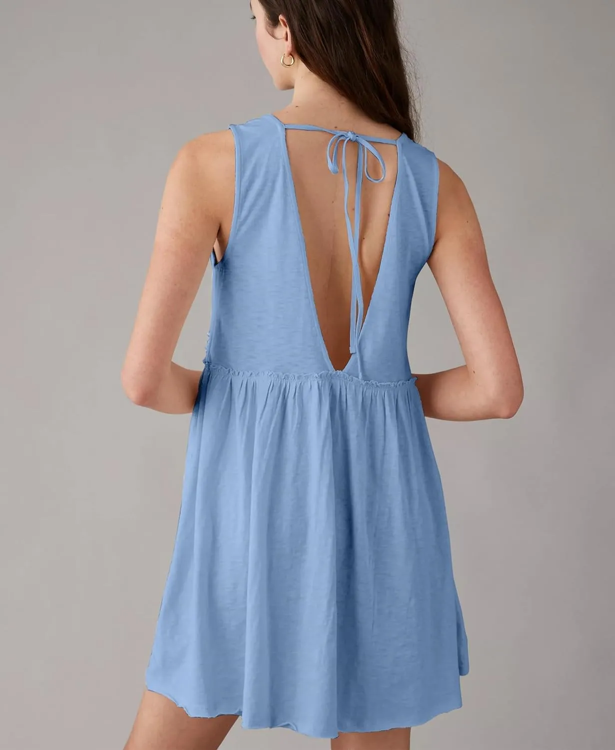 Aimiray Women's Casual Sleeveless Mini Dress Loose V Neck Backless Pleated Short Tank Sundress with Pockets