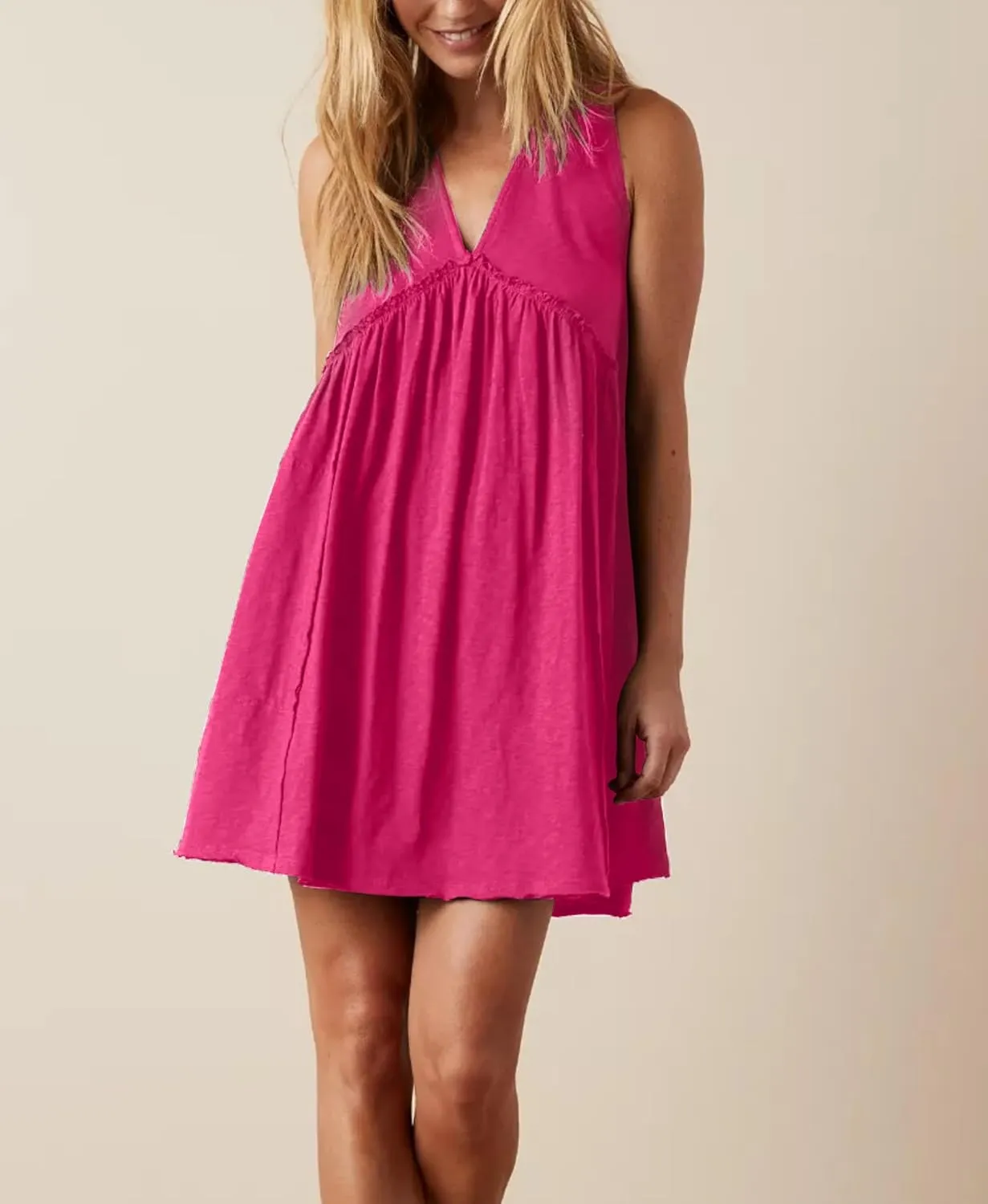 Aimiray Women's Casual Sleeveless Mini Dress Loose V Neck Backless Pleated Short Tank Sundress with Pockets