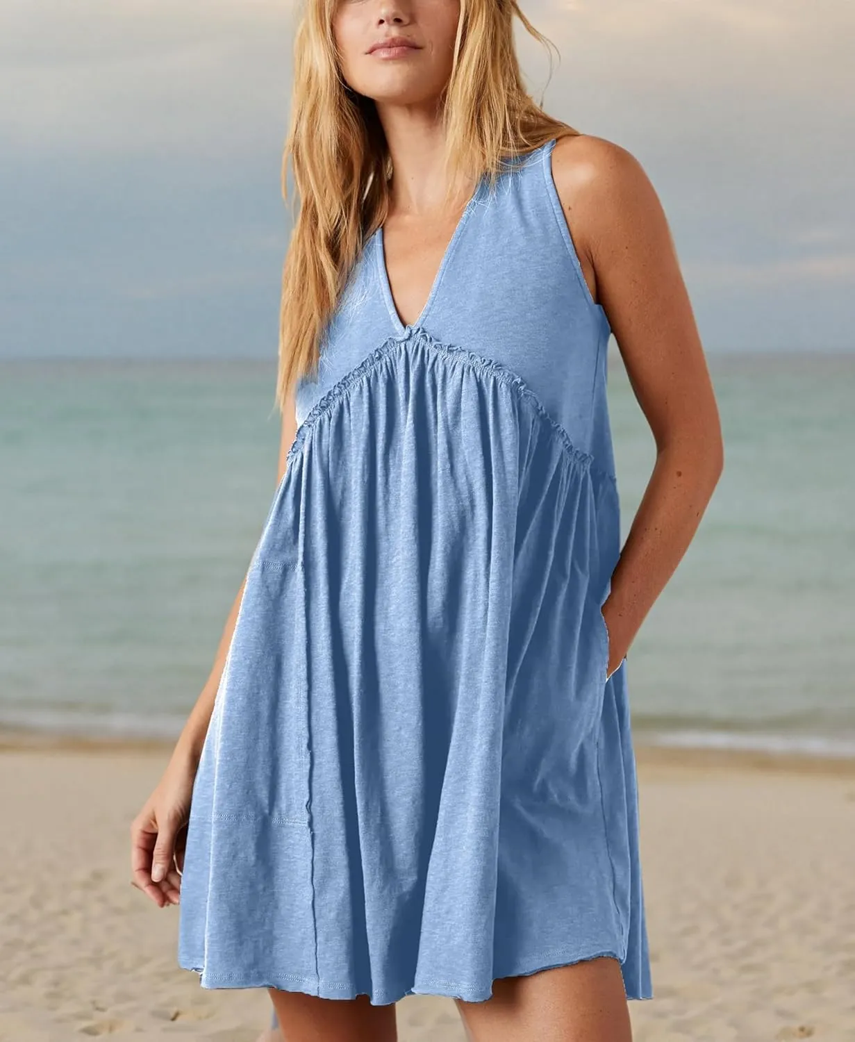 Aimiray Women's Casual Sleeveless Mini Dress Loose V Neck Backless Pleated Short Tank Sundress with Pockets