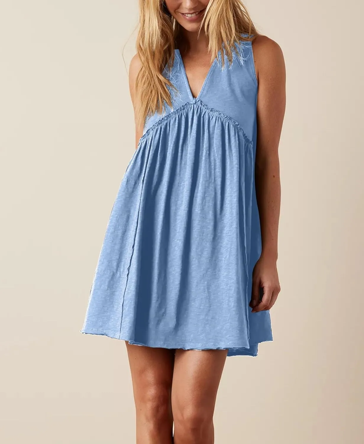 Aimiray Women's Casual Sleeveless Mini Dress Loose V Neck Backless Pleated Short Tank Sundress with Pockets