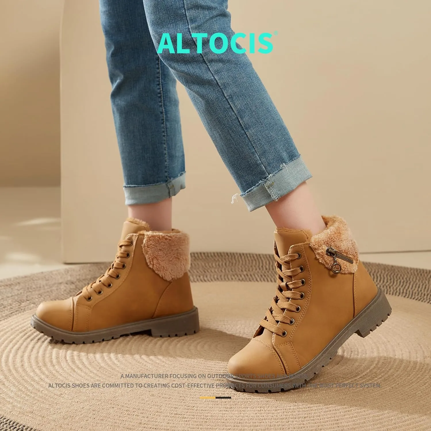 ALTOCIS Womens Fur Lined Winter Snow Boots Short Mid Calf Fashion Boot Art Resin Button Faux Suede Boots for Women