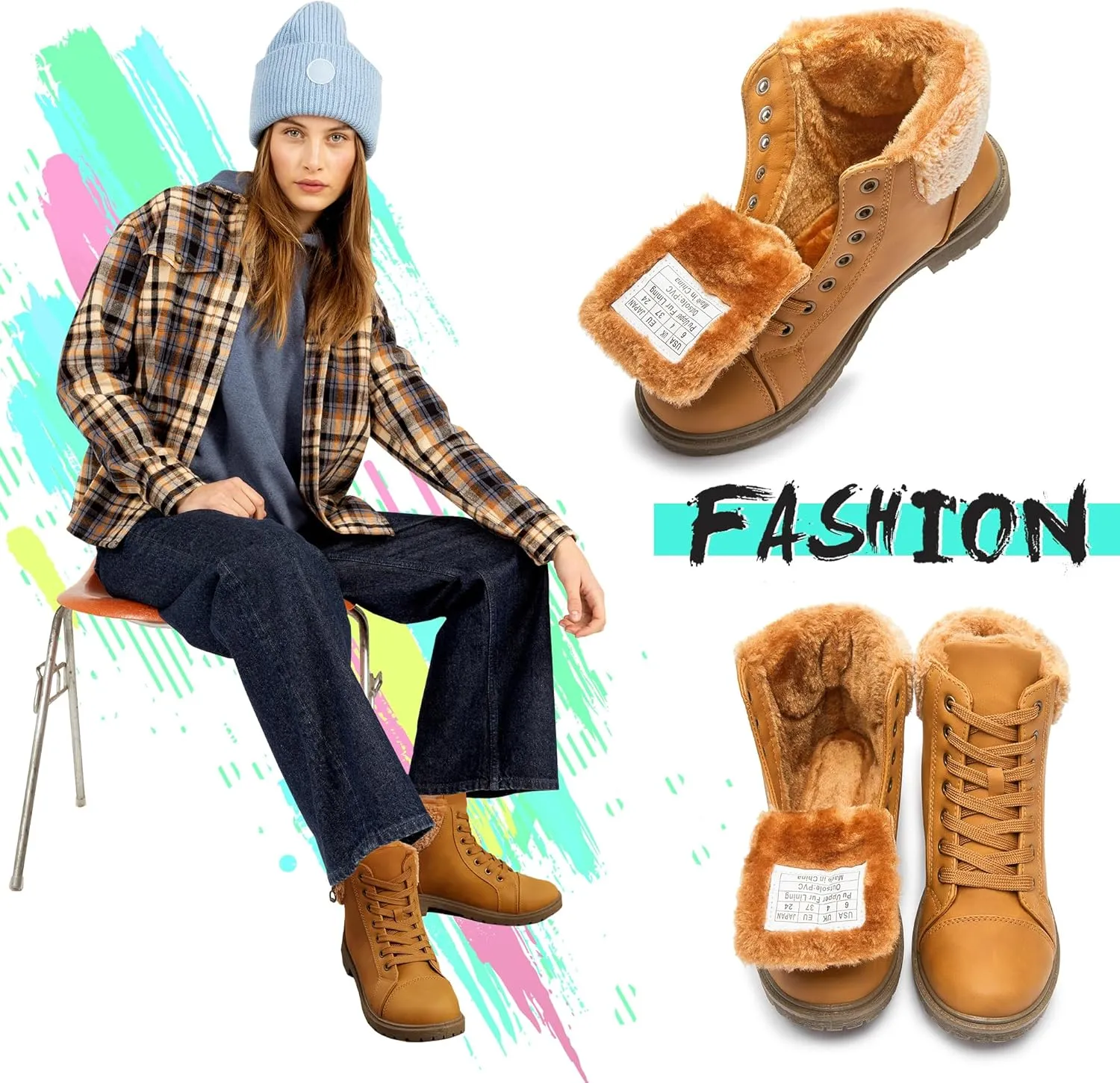 ALTOCIS Womens Fur Lined Winter Snow Boots Short Mid Calf Fashion Boot Art Resin Button Faux Suede Boots for Women
