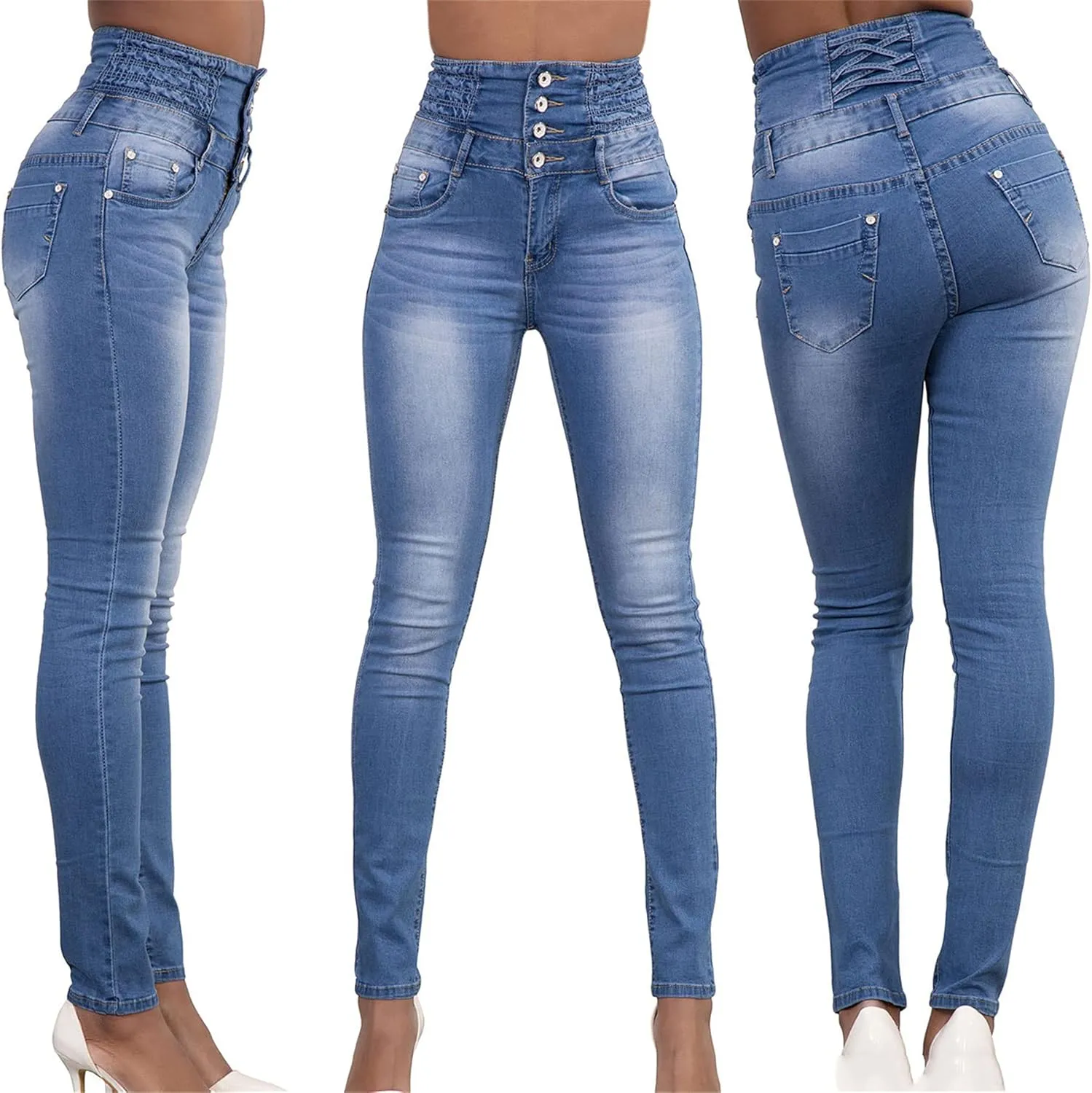 Andongnywell Women Classic High Waisted Butt-Lifting Skinny Jeans high-Rise Slim-fit Plus Size Denim Pants Trousers
