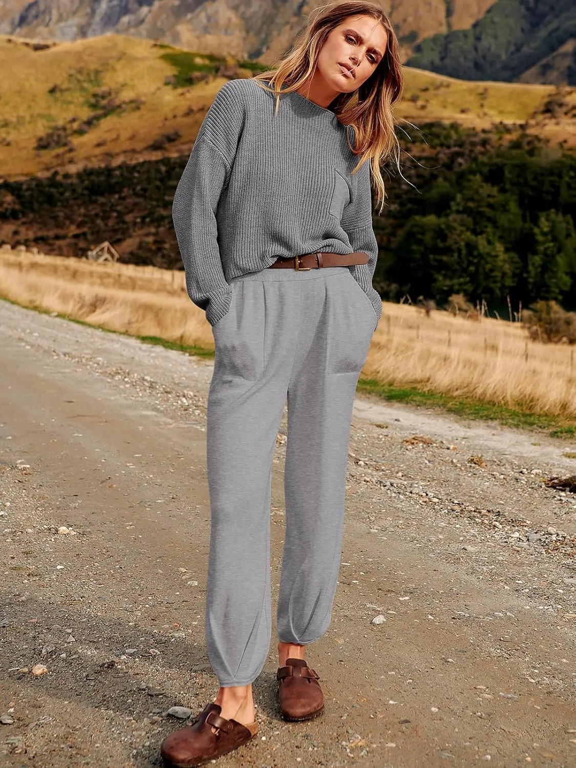 ANRABESS Women's Two Piece Outfits Long Sleeve Knit Top Fall Sweater Set Oversized Pants Tracksuit Lounge Sets