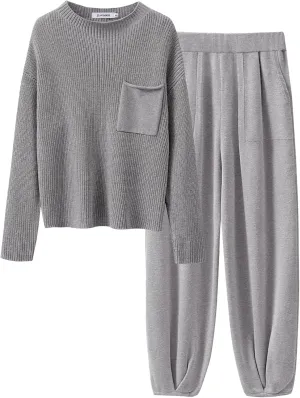 ANRABESS Women's Two Piece Outfits Long Sleeve Knit Top Fall Sweater Set Oversized Pants Tracksuit Lounge Sets