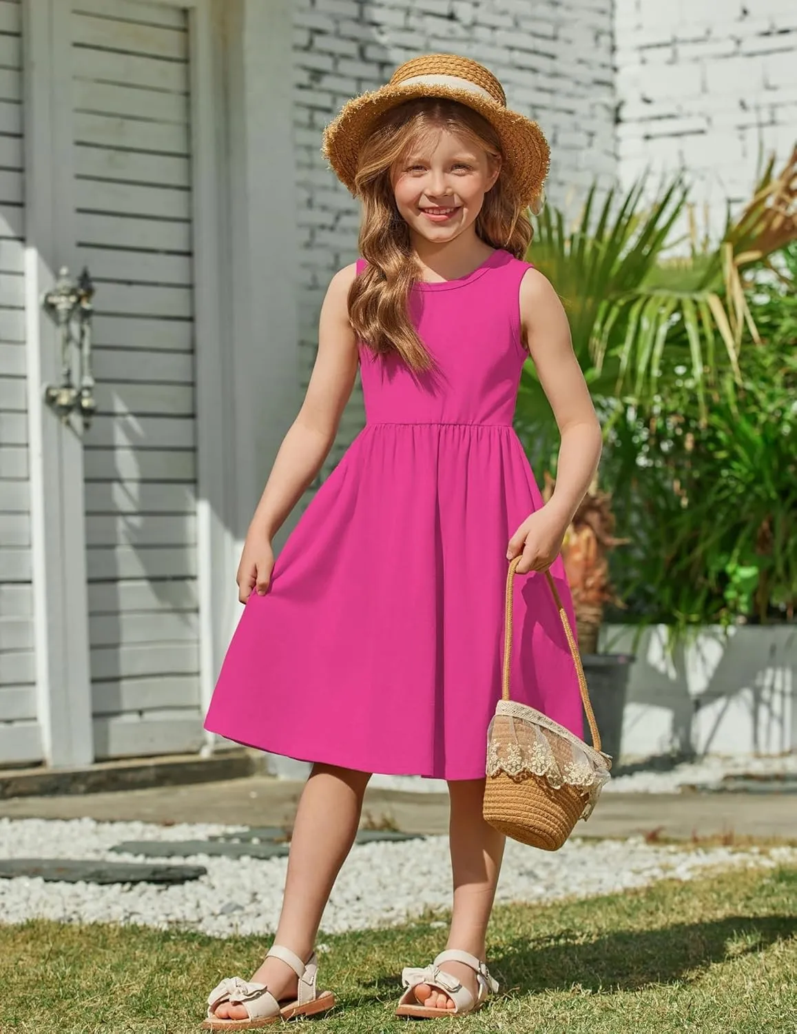 Arshiner Toddler Girls Summer Dress Back Bowknot Sleeveless Twirly Casual Beach Party Sundress with Pockets