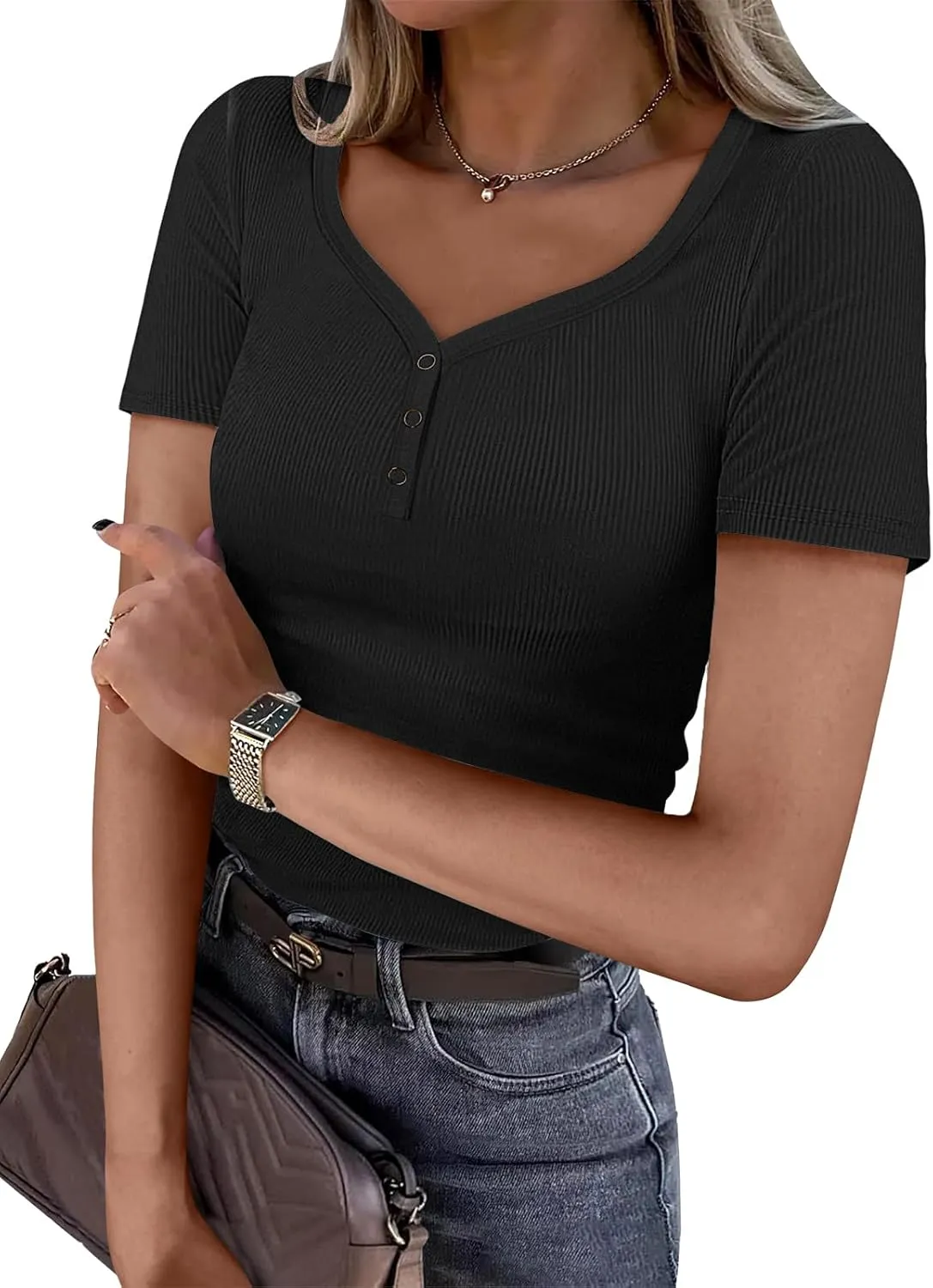 ATHMILE Womens Summer Short Sleeve V Neck Ribbed Knit Button T Shirts Henley Solid Color Trendy BasicTee