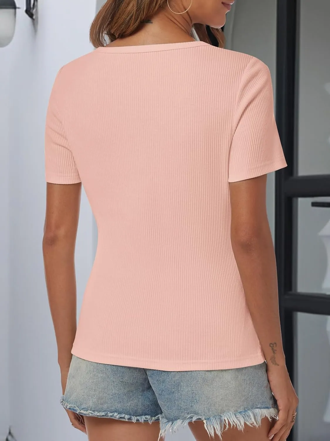 ATHMILE Womens Summer Short Sleeve V Neck Ribbed Knit Button T Shirts Henley Solid Color Trendy BasicTee