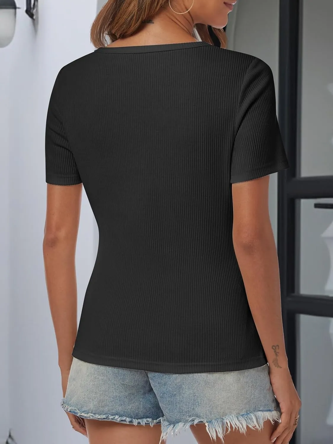ATHMILE Womens Summer Short Sleeve V Neck Ribbed Knit Button T Shirts Henley Solid Color Trendy BasicTee