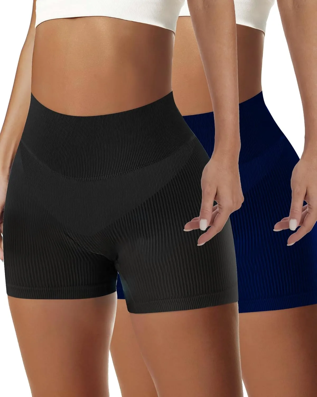 AURUZA 2PCS Workout Shorts Women, High Waist Biker Shorts Women, Gym Shorts Women Seamless Ribbed Athletic Yoga Shorts Leggings, L, Black Dark Blue