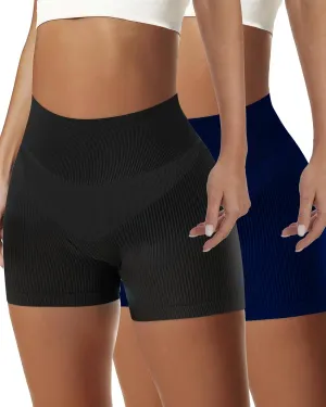 AURUZA 2PCS Workout Shorts Women, High Waist Biker Shorts Women, Gym Shorts Women Seamless Ribbed Athletic Yoga Shorts Leggings, L, Black Dark Blue