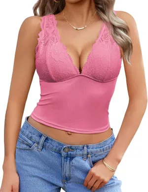 Avidlove Tank Top for Women Summer Lace Going Out Tops Sexy V Neck Sleeveless Y2k Lace Crop Tops