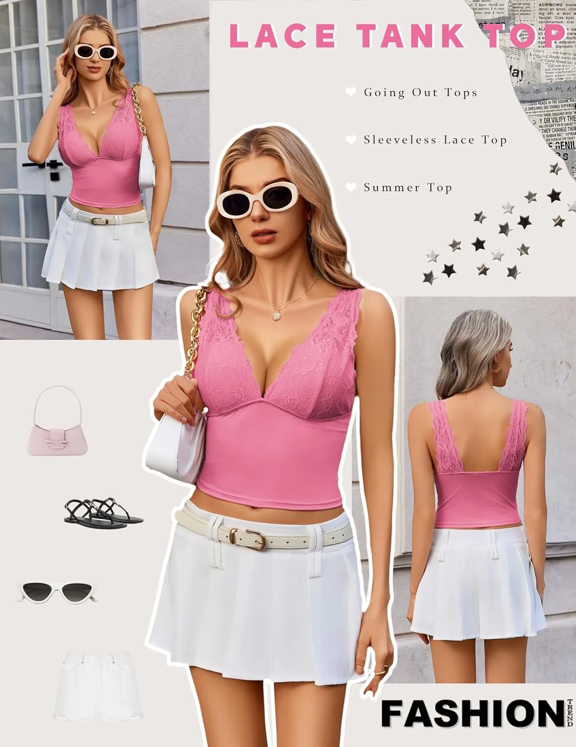 Avidlove Tank Top for Women Summer Lace Going Out Tops Sexy V Neck Sleeveless Y2k Lace Crop Tops