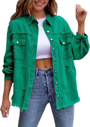 Awoscut Women's Basic Long Sleeve Ripped Distressed Denim Jacket Button Down Boyfriend Jean Coat Trucker Jackets Fall Top