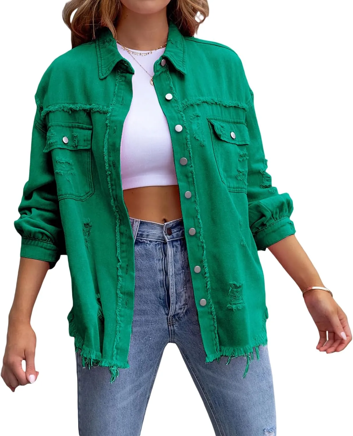 Awoscut Women's Basic Long Sleeve Ripped Distressed Denim Jacket Button Down Boyfriend Jean Coat Trucker Jackets Fall Top