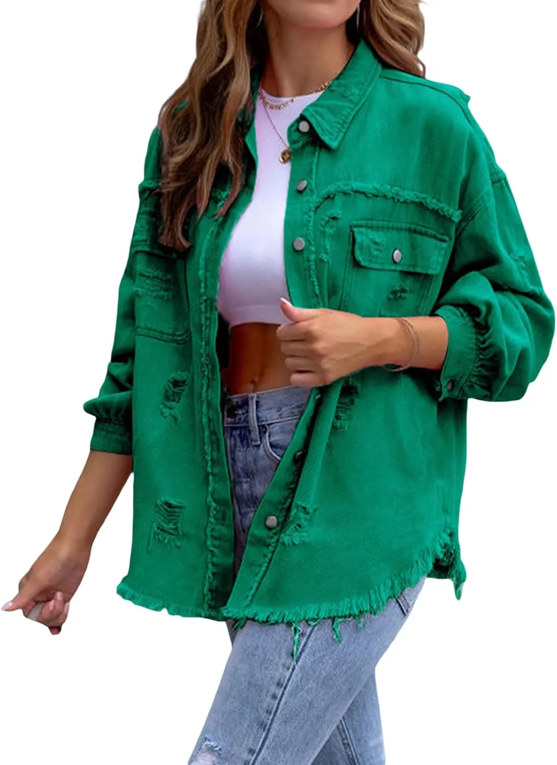 Awoscut Women's Basic Long Sleeve Ripped Distressed Denim Jacket Button Down Boyfriend Jean Coat Trucker Jackets Fall Top
