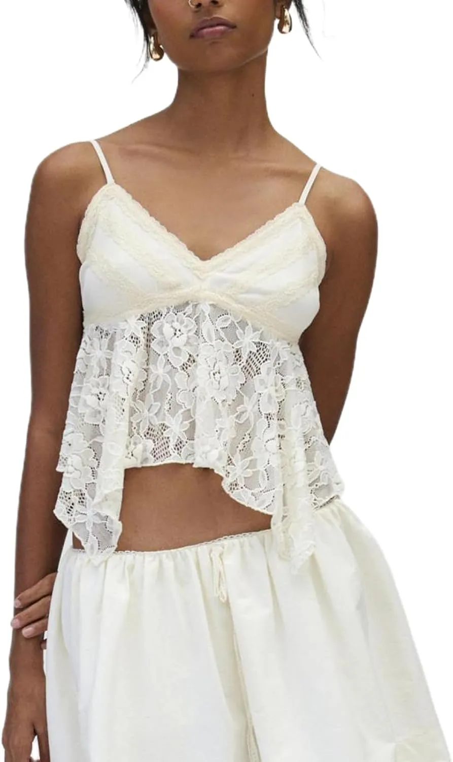 Babydoll Tank Tops for Women Sexy V Neck Lace Sheer Spaghetti Strap Crop Tops Y2k Ruffle Cami Going Out Camisole