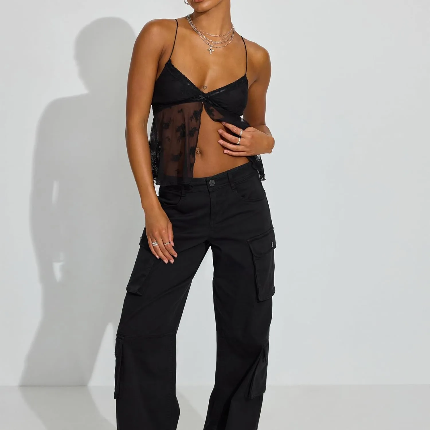 Babydoll Tank Tops for Women Sexy V Neck Lace Sheer Spaghetti Strap Crop Tops Y2k Ruffle Cami Going Out Camisole