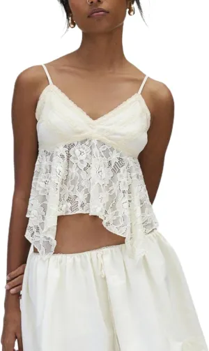 Babydoll Tank Tops for Women Sexy V Neck Lace Sheer Spaghetti Strap Crop Tops Y2k Ruffle Cami Going Out Camisole