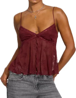 Babydoll Tank Tops for Women Sexy V Neck Lace Sheer Spaghetti Strap Crop Tops Y2k Ruffle Cami Going Out Camisole