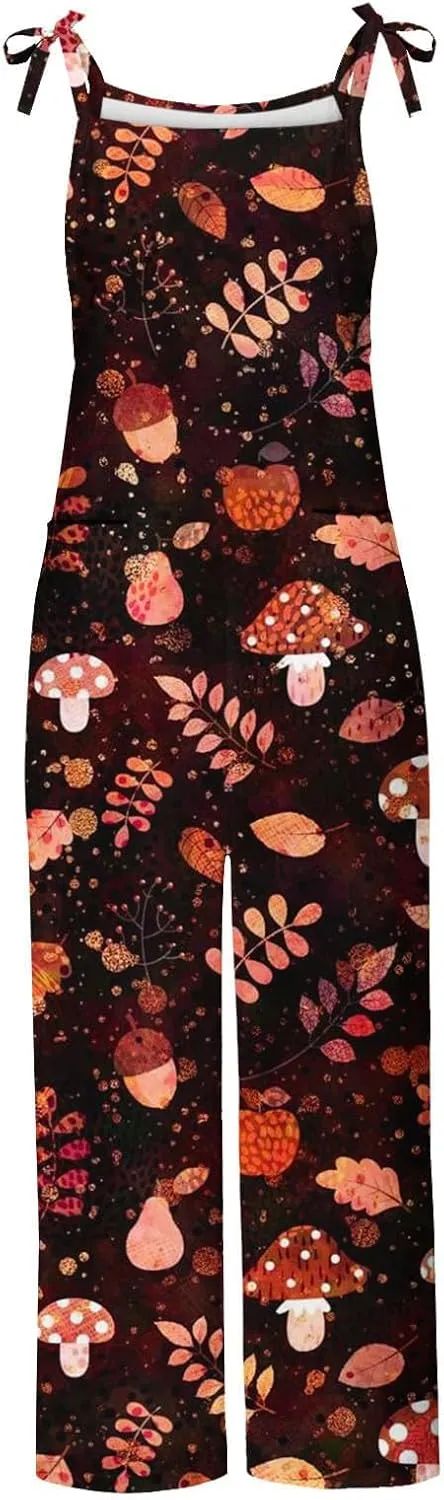 Basysin Jumpsuits for Women Plus Size Spaghetti Strap Casual Loose Overalls Cute Mushroom Hedgehogs Printed Wide Leg Rompers