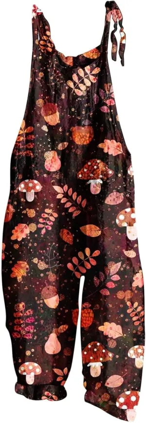 Basysin Jumpsuits for Women Plus Size Spaghetti Strap Casual Loose Overalls Cute Mushroom Hedgehogs Printed Wide Leg Rompers