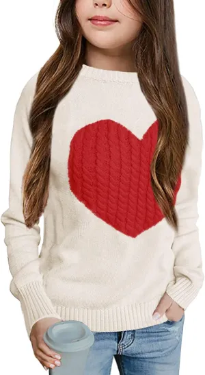 Batermoon Girls' Pullover Sweaters Long Sleeve Cute Heart Pattern Crewneck Knit Jumper Tops