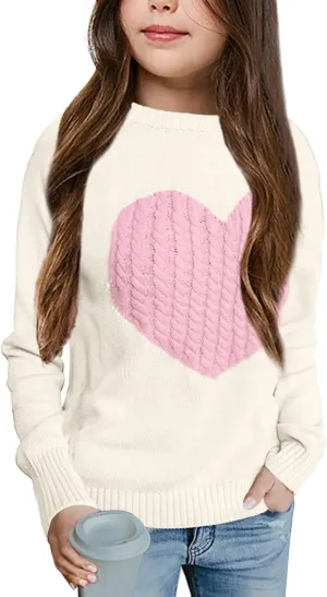 Batermoon Girls' Pullover Sweaters Long Sleeve Cute Heart Pattern Crewneck Knit Jumper Tops