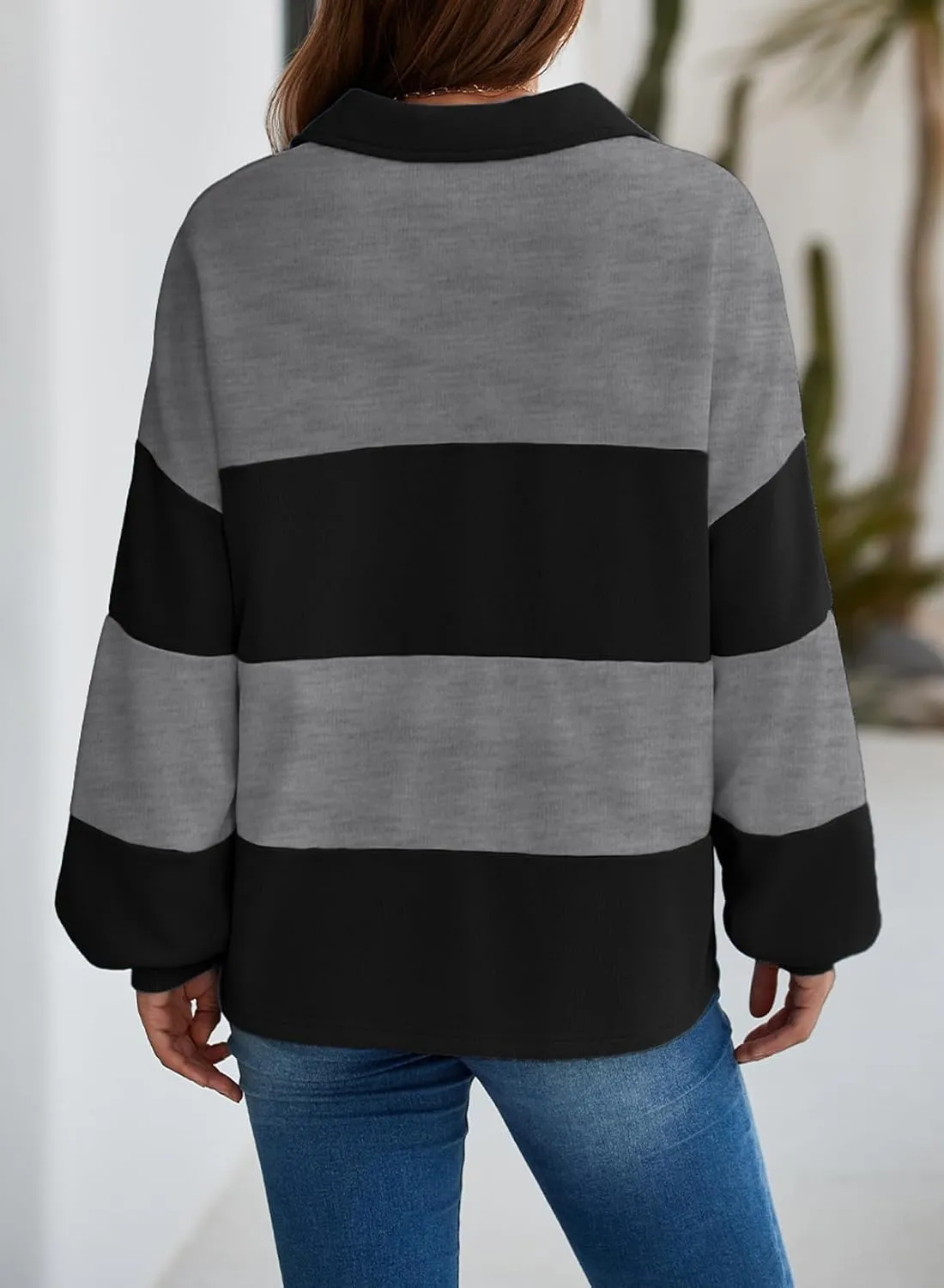 BLENCOT Womens Oversized Striped Sweatshirt Color Block Fall Pullover Polo Shirt Casual Loose Trendy Tops