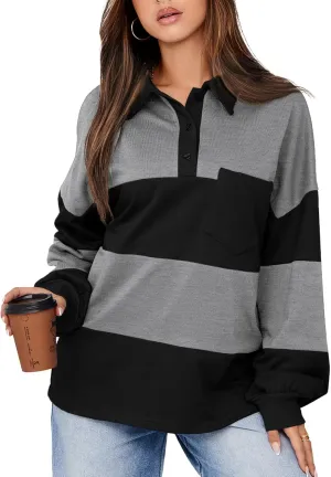 BLENCOT Womens Oversized Striped Sweatshirt Color Block Fall Pullover Polo Shirt Casual Loose Trendy Tops