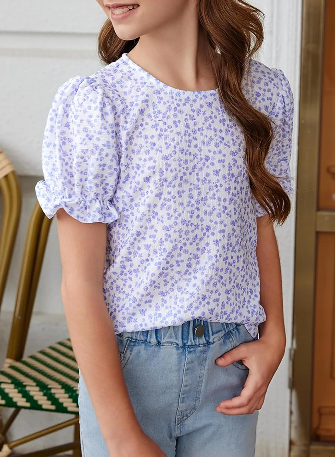 blibean Tween Girls 2024 Boho Floral Puff Sleeve Shirt Size 6-15 Years