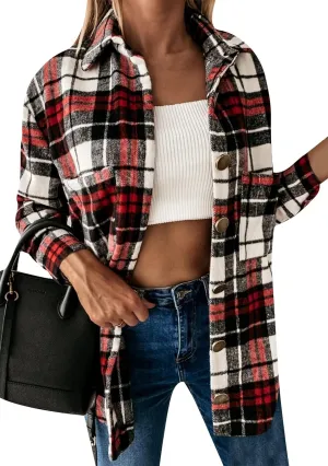 BOFETA Womens Flannel Plaid Button Down Shirt Long Sleeve Lapel Shacket Casual Loose Blouse Jacket Coat
