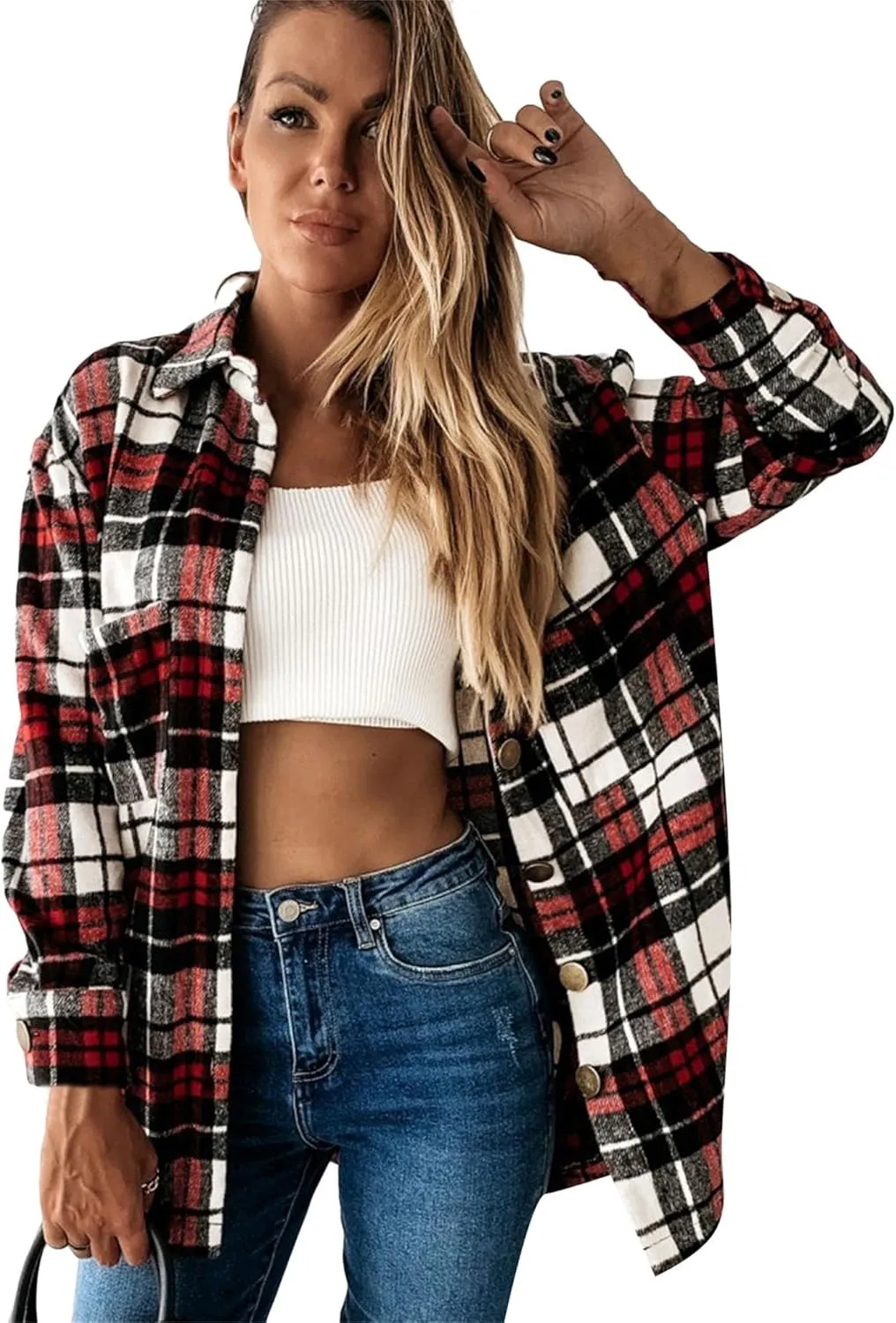 BOFETA Womens Flannel Plaid Button Down Shirt Long Sleeve Lapel Shacket Casual Loose Blouse Jacket Coat