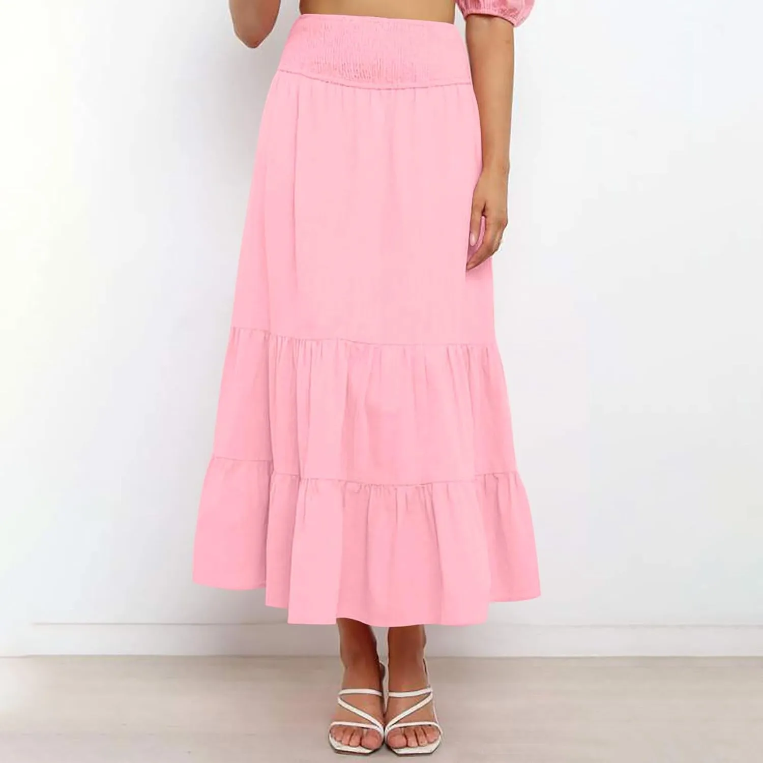 Boho Skirts for Women 2025 Summer Elastic Waist Ruffle Long Skirt Vacation Hawaiian Flowy Tiered Maxi Skirt