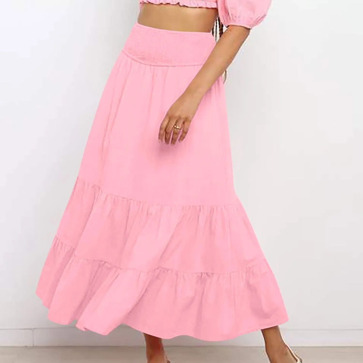 Boho Skirts for Women 2025 Summer Elastic Waist Ruffle Long Skirt Vacation Hawaiian Flowy Tiered Maxi Skirt