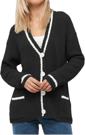 Button Down Sweaters for Women V Neck Color Block Cardigan Sweater Long Sleeve Chunky Knit Coat