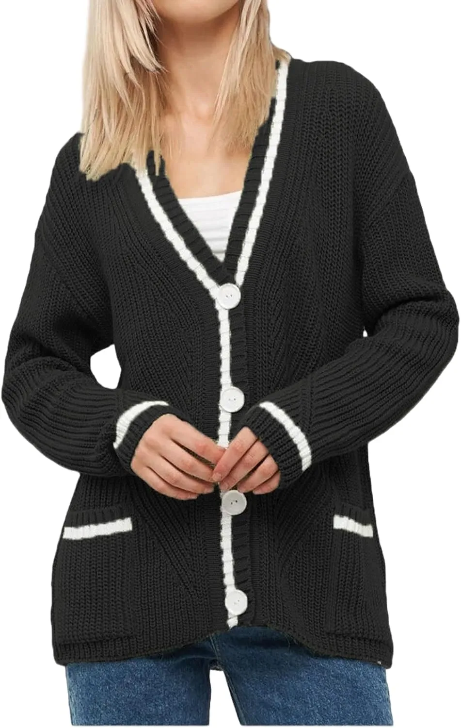 Button Down Sweaters for Women V Neck Color Block Cardigan Sweater Long Sleeve Chunky Knit Coat