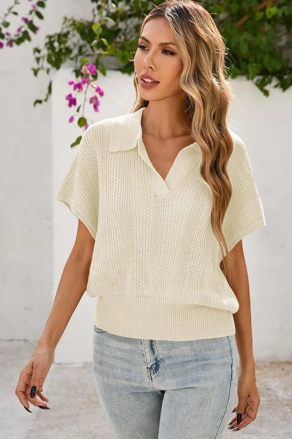 Cakulo Spring Summer Crochet Tops for Women 2025 Crop Knit Short Sleeve Polo V Neck Collared Hollow Out Sweater Top