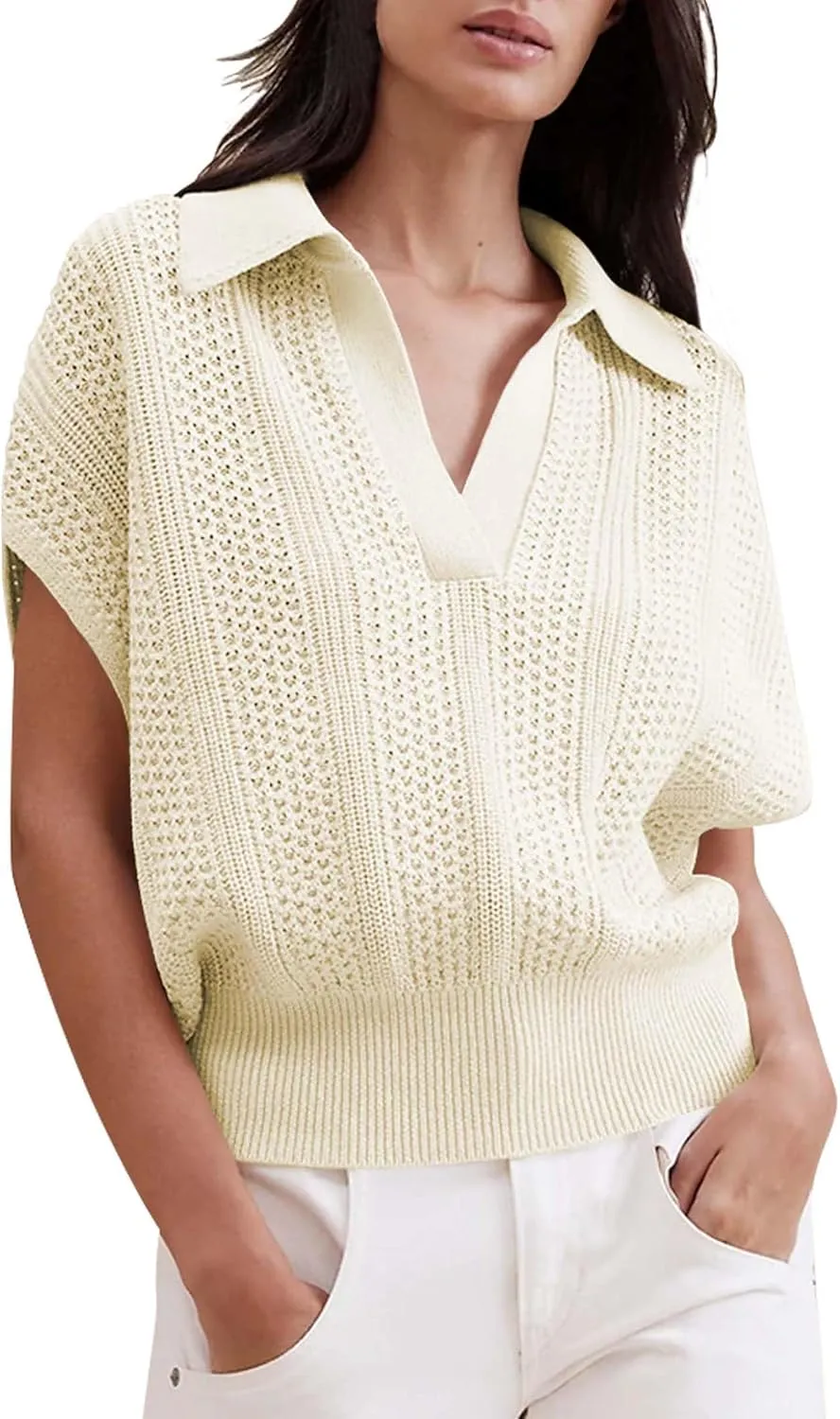 Cakulo Spring Summer Crochet Tops for Women 2025 Crop Knit Short Sleeve Polo V Neck Collared Hollow Out Sweater Top