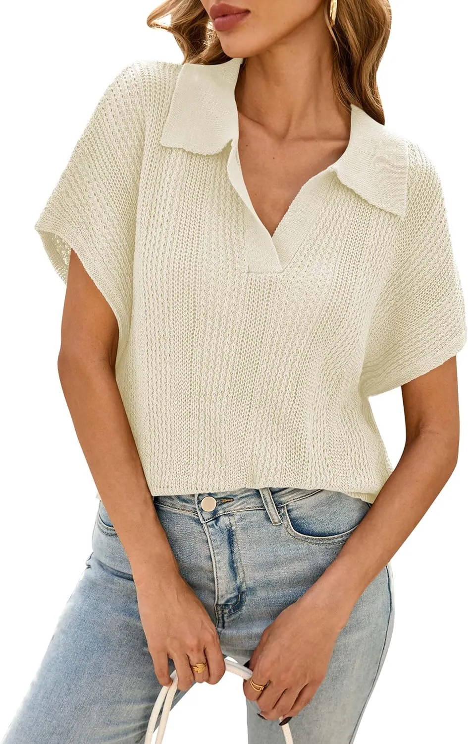 Cakulo Spring Summer Crochet Tops for Women 2025 Crop Knit Short Sleeve Polo V Neck Collared Hollow Out Sweater Top
