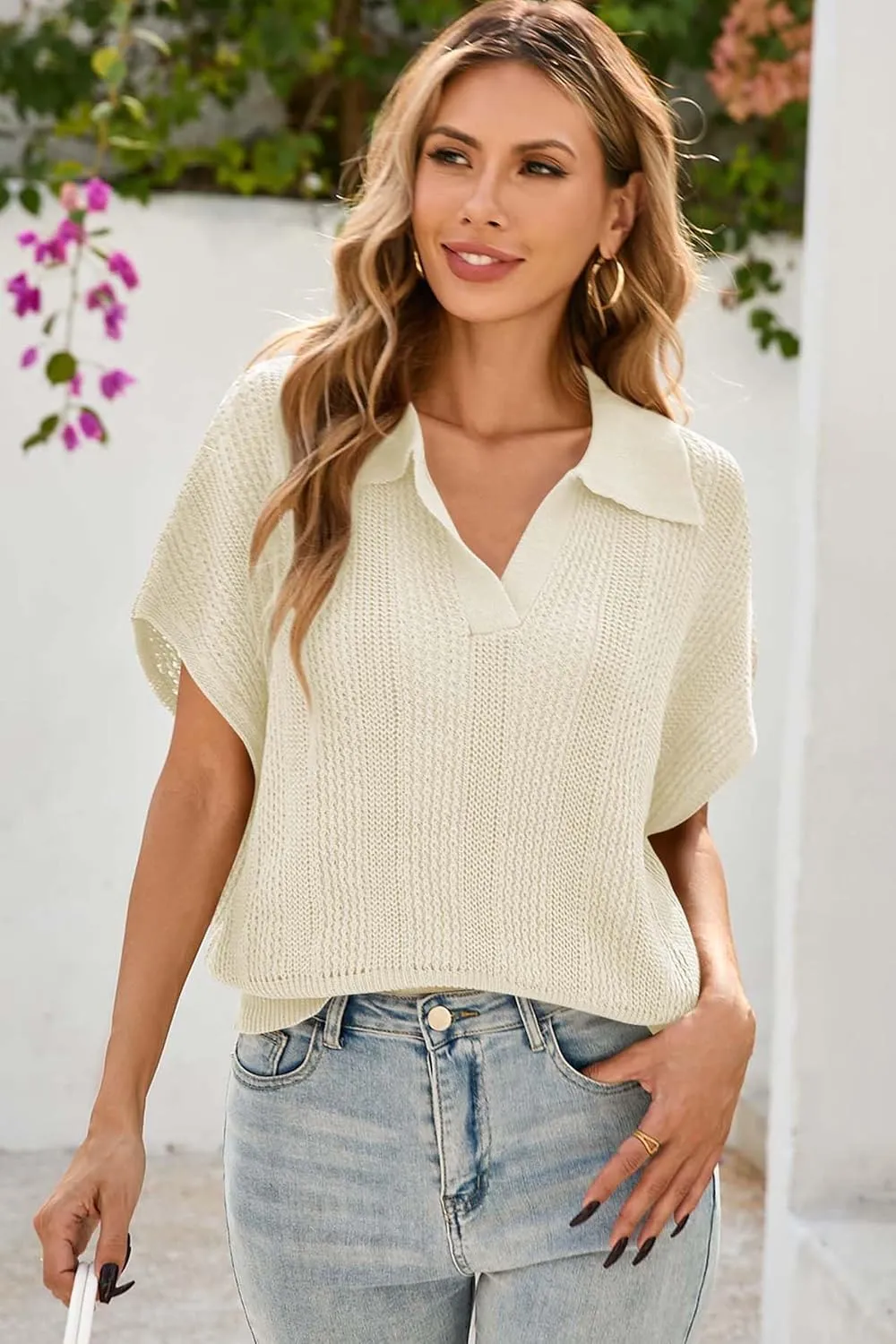 Cakulo Spring Summer Crochet Tops for Women 2025 Crop Knit Short Sleeve Polo V Neck Collared Hollow Out Sweater Top