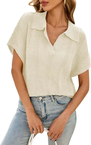 Cakulo Spring Summer Crochet Tops for Women 2025 Crop Knit Short Sleeve Polo V Neck Collared Hollow Out Sweater Top