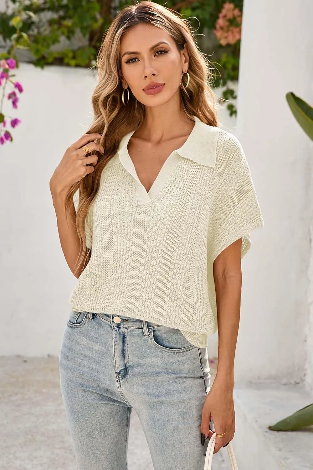 Cakulo Spring Summer Crochet Tops for Women 2025 Crop Knit Short Sleeve Polo V Neck Collared Hollow Out Sweater Top