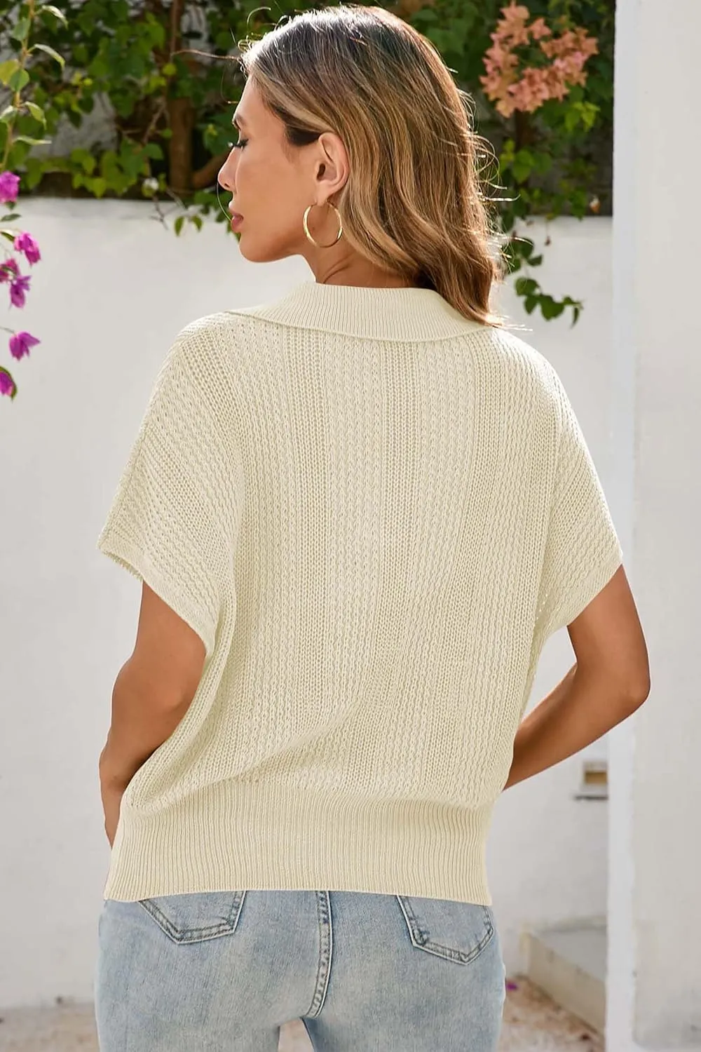 Cakulo Spring Summer Crochet Tops for Women 2025 Crop Knit Short Sleeve Polo V Neck Collared Hollow Out Sweater Top