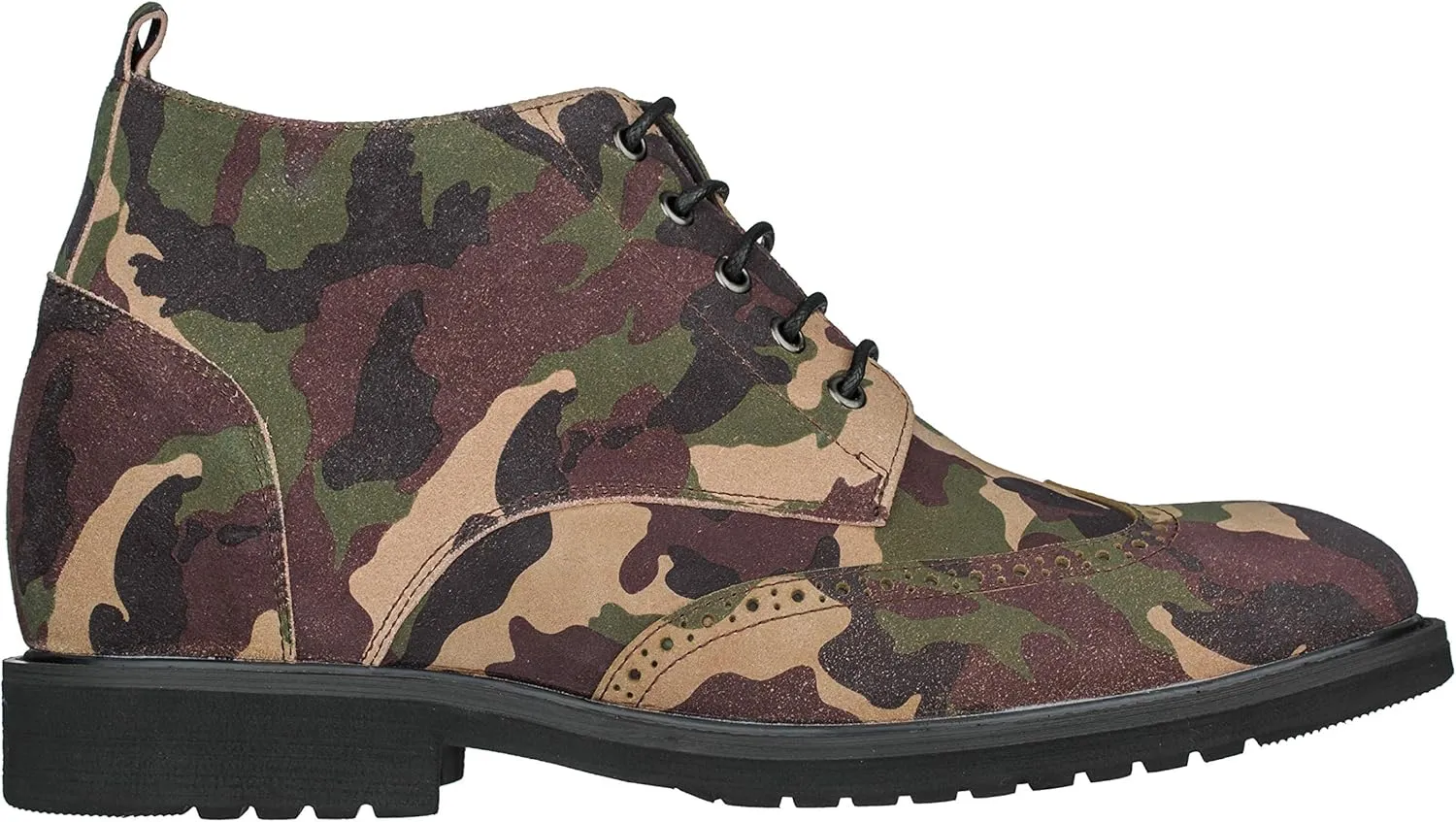 CALTO Men's Invisible Height Increasing Elevator Shoes - Camo Green Premium Leather Lace-up Lightweight Wing-tip Work Boots - 3 Inches Taller - S3651 - Size 8 D(M) US