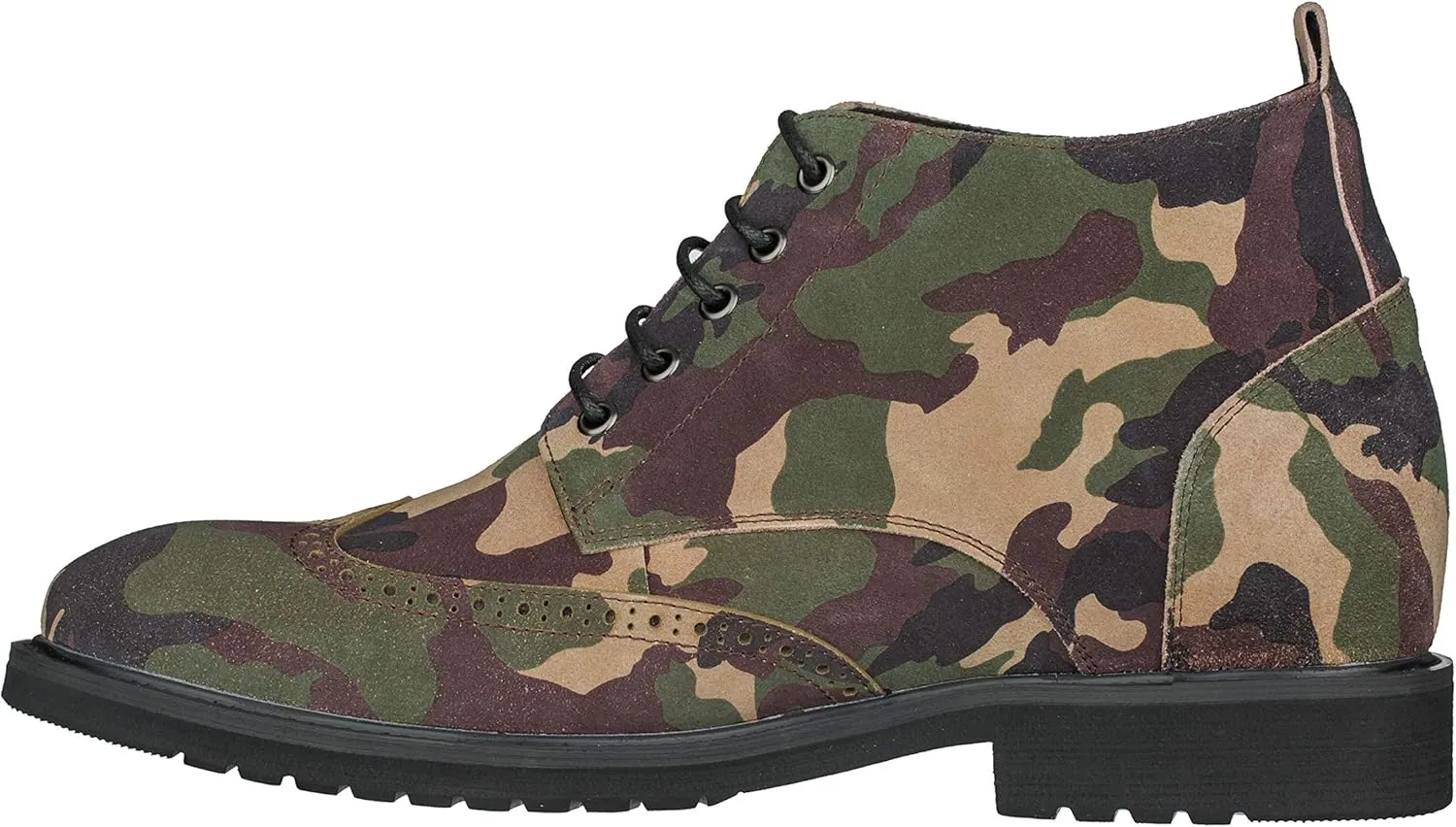 CALTO Men's Invisible Height Increasing Elevator Shoes - Camo Green Premium Leather Lace-up Lightweight Wing-tip Work Boots - 3 Inches Taller - S3651 - Size 8 D(M) US